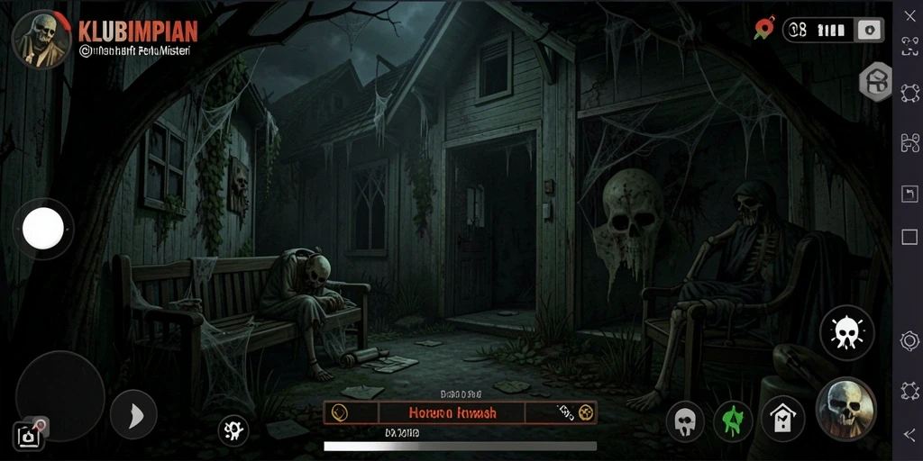 Tampilan antarmuka KLUBIMPIAN yang menyeramkan saat menjelajahi rumah hantu.